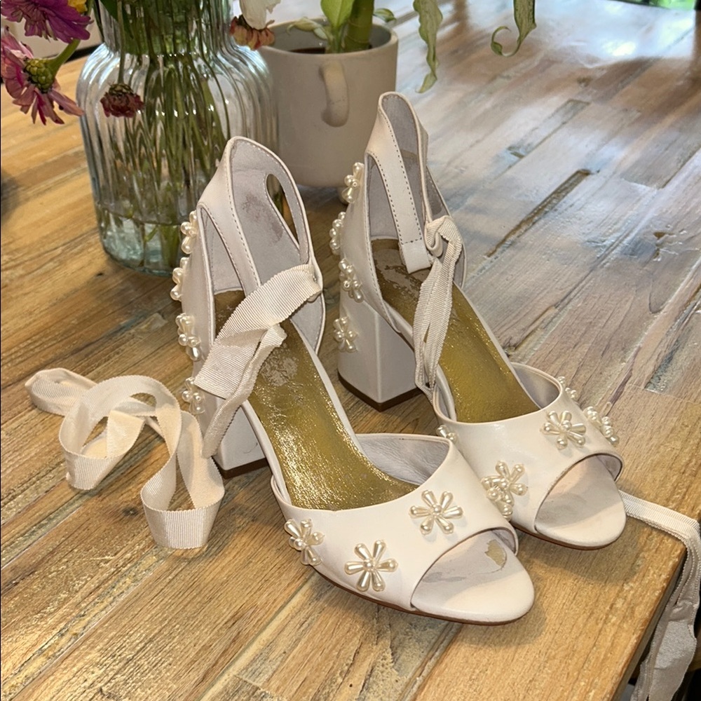 White Satin Peep-Toe Heels with Ankle Straps, forever souls, with pearl flower